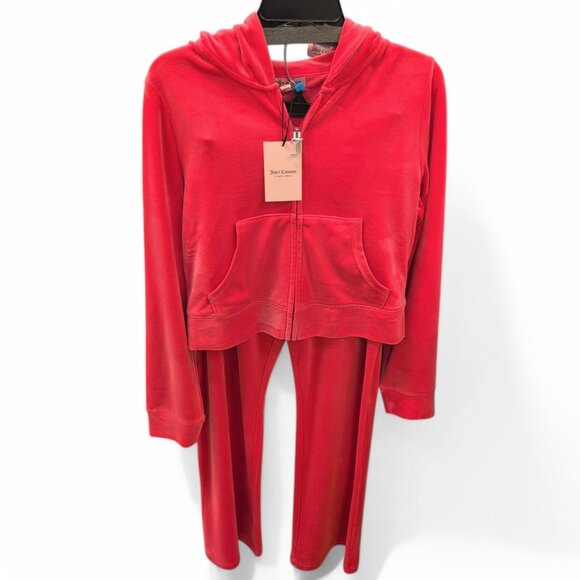 JUICY COUTURE BLING Velour TRACKSUIT Size L Pants + Hoodie 2 Piece Set Hot Pink - Picture 6 of 16